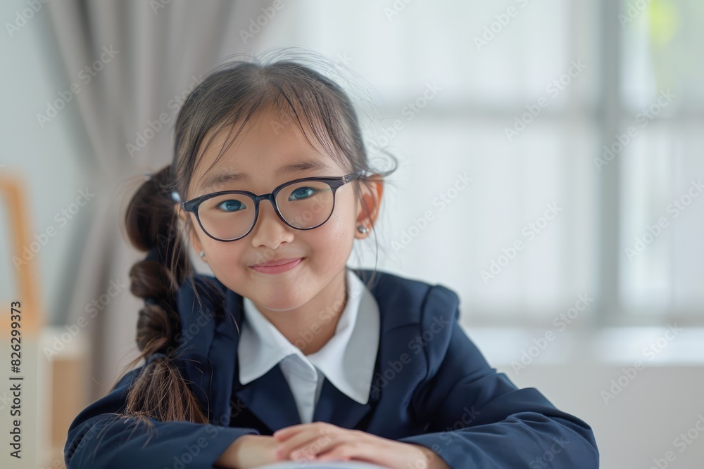 asian school girl in glasses sitting at table, school, studying, vision problem, vision correction, optics, ophthalmology