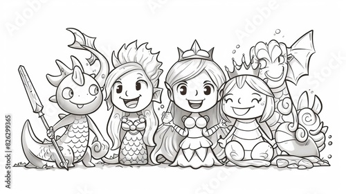 Illustration for children of the little mermaid. Children s fairy tale coloring page. Cartoon characters that are cute and funny.