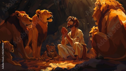 Experience the miraculous scene of Daniel standing unharmed amidst majestic lions, their ferociousness tamed by divine intervention. Light streams down, illuminating the awe and wonder as both Daniel  photo