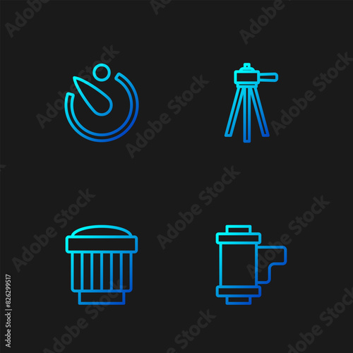Set line Camera roll cartridge, photo lens, timer and Tripod. Gradient color icons. Vector