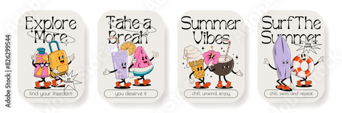 Set of summer retro posters or cards with walking funny cute comic characters. Lettering illustration for t-shirt print. Suitcase, ice cream, cocktail, spf cream, watermelon, pool float, surf	