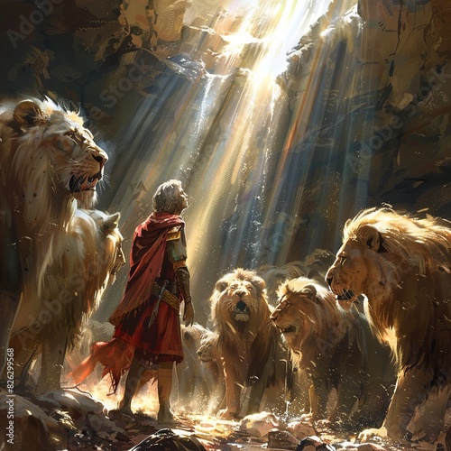 Experience the miraculous scene of Daniel standing unharmed amidst majestic lions, their ferociousness tamed by divine intervention. Light streams down, illuminating the awe and wonder as both Daniel  photo