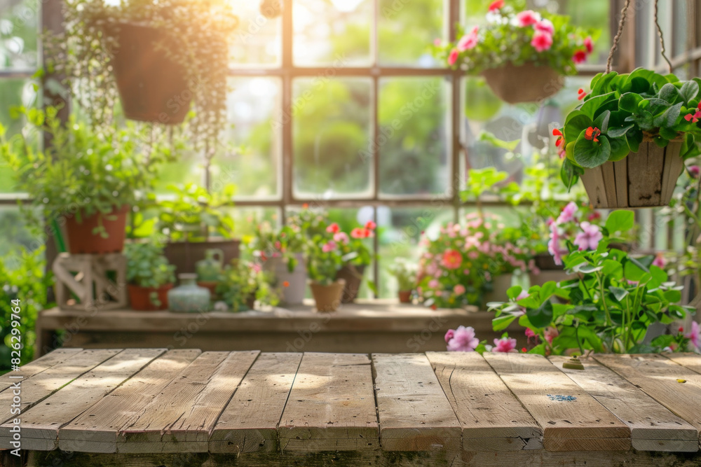Fototapeta premium A wooden potting bench in the foreground with a blurred background of a botanical greenhouse. The background includes various potted plants, hanging flowers, gardening tools, and large glass windows