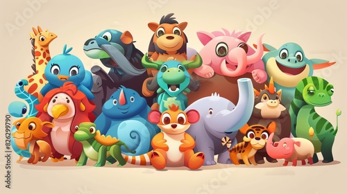 Cartoon animals in a big group. Modern illustration of happy and funny animals.