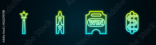 Set line Magic wand, Circus ticket, and Hotdog sandwich. Glowing neon icon. Vector