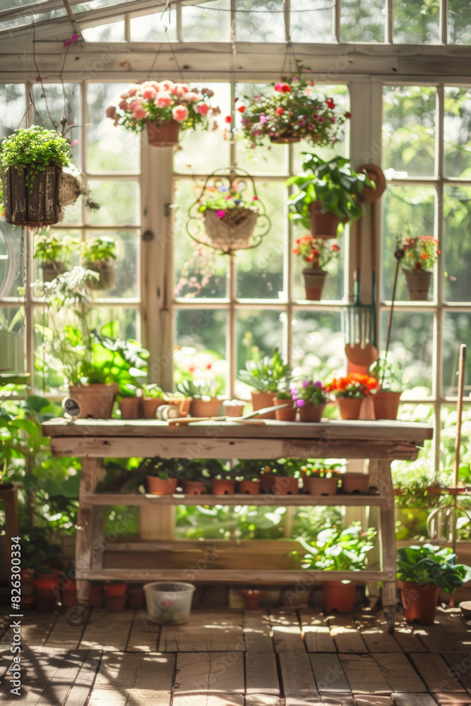 A wooden potting bench in the foreground with a blurred background of a botanical greenhouse. The background includes various potted plants, hanging flowers, gardening tools, and large glass windows A wooden potting bench in the foreground with a blurred background of a botanical greenhouse. The background includes various potted plants, hanging flowers, gardening tools, and large glass windows