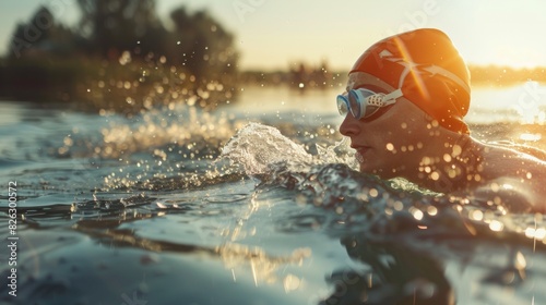 A swimmer swimming outdoor in lake with warm sunlight.