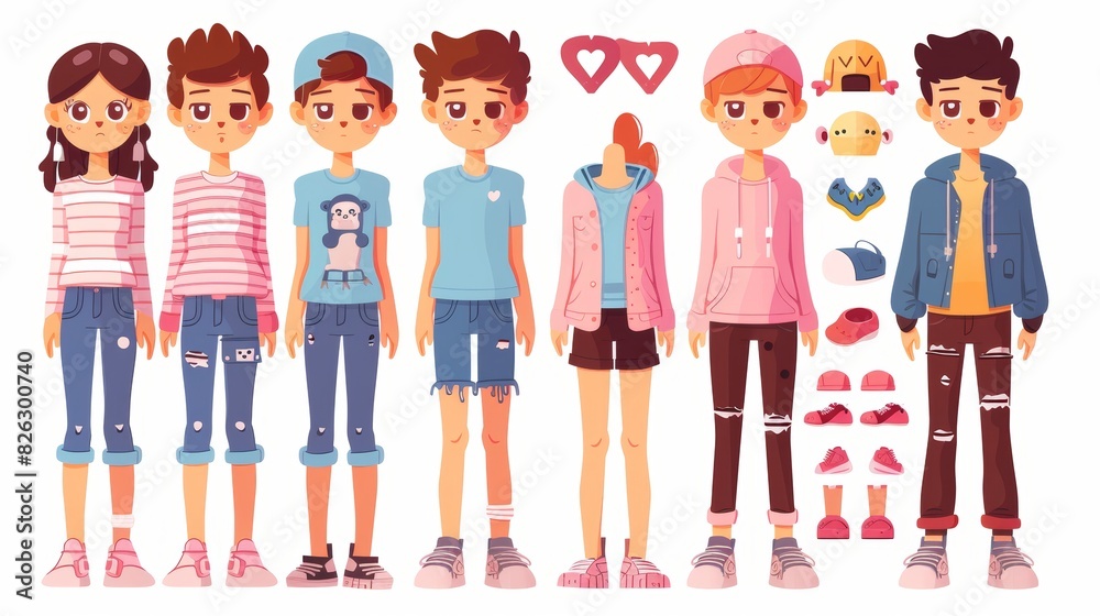 An avatar creator with faces, body parts, and accessories to create your own teenager character. Comical illustration set of teenagers posing together. An avatar creator with faces, body parts, and accessories to create your own teenager character. Comical illustration set of teenagers posing together.