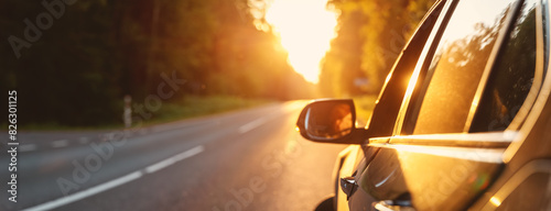 Panoramic view of the car on the asphalt highway on sunset.