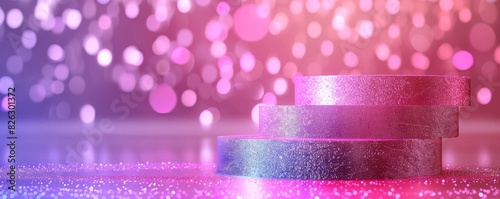 Vibrant pop art podium with sparkling glitter background and bokeh effect