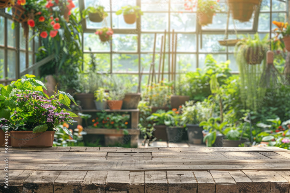 A wooden potting bench in the foreground with a blurred background of a botanical greenhouse. The background includes various potted plants, hanging flowers, gardening tools, and large glass windows A wooden potting bench in the foreground with a blurred background of a botanical greenhouse. The background includes various potted plants, hanging flowers, gardening tools, and large glass windows