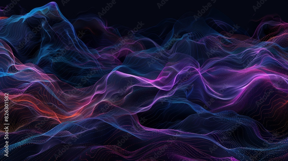 a black background with a few neon colors waves, geometric waves shapes, dark blue, purple, black, mostly black 