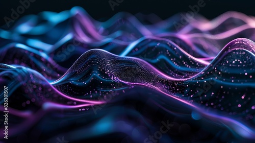 a black background with a few neon colors waves, geometric waves shapes, dark blue, purple, black, mostly black  photo