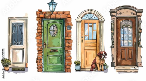Frontgates of a house. Walls with bricks. Lamps on the walls. Windows. Bulldog sitting outside. House Exterior. Home Entrance. Modern illustration created by hand. Isolated on a white background.