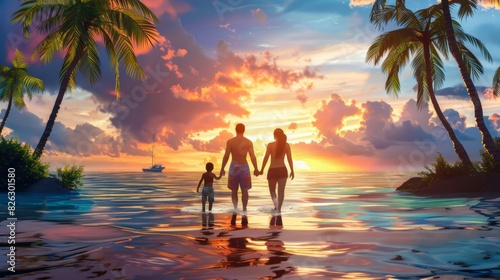 Family in tropical sea with palm tree in vacation at sunset.