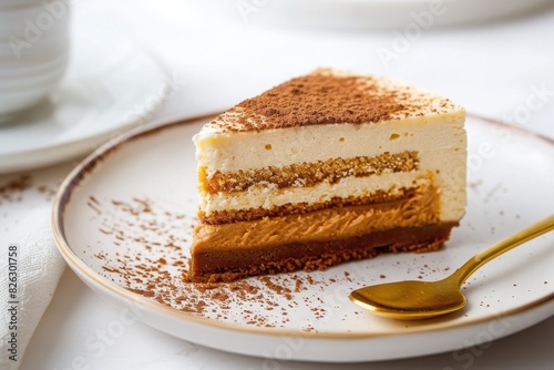 Piece of biscoff layered cheesecake on a white plate along with spoon on a white background 