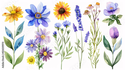 Hand drawn botanical art set with watercolor flowers and leaves, showcasing a collection of nature-inspired elements, isolated on white background