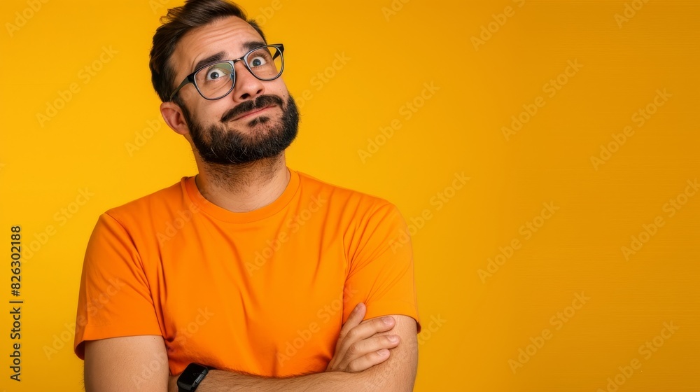 In front of a yellow background, a cartoon thinking man poses in an orange t-shirt. In front of a yellow background, a cartoon thinking man poses in an orange t-shirt.