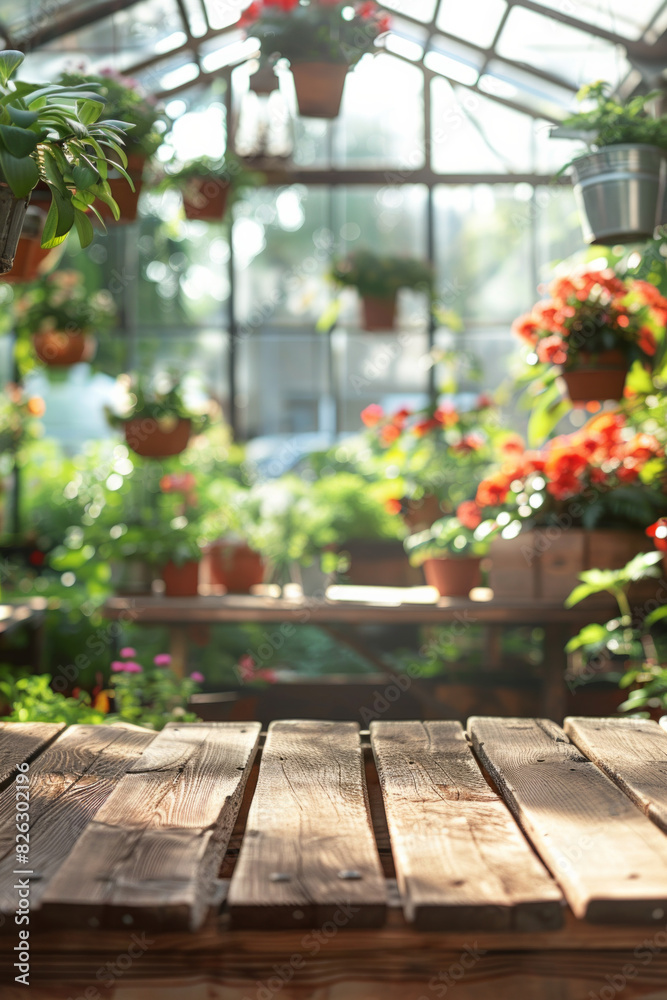 A wooden potting bench in the foreground with a blurred background of a botanical greenhouse. The background includes various potted plants, hanging flowers, gardening tools, and large glass windows A wooden potting bench in the foreground with a blurred background of a botanical greenhouse. The background includes various potted plants, hanging flowers, gardening tools, and large glass windows