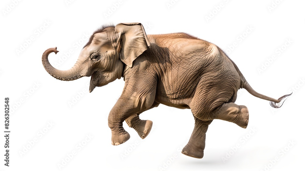 Obraz premium A digitally-created, high-quality image of a playful, running baby elephant. Perfect for nature, wildlife, and educational content. This image vividly captures motion and excitement. AI