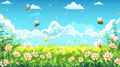 A seamless pattern of a spring field on a blue sky with fluffy clouds, a modern banner background with an endless cartoon panorama of green grass and flowers in a sunny day.