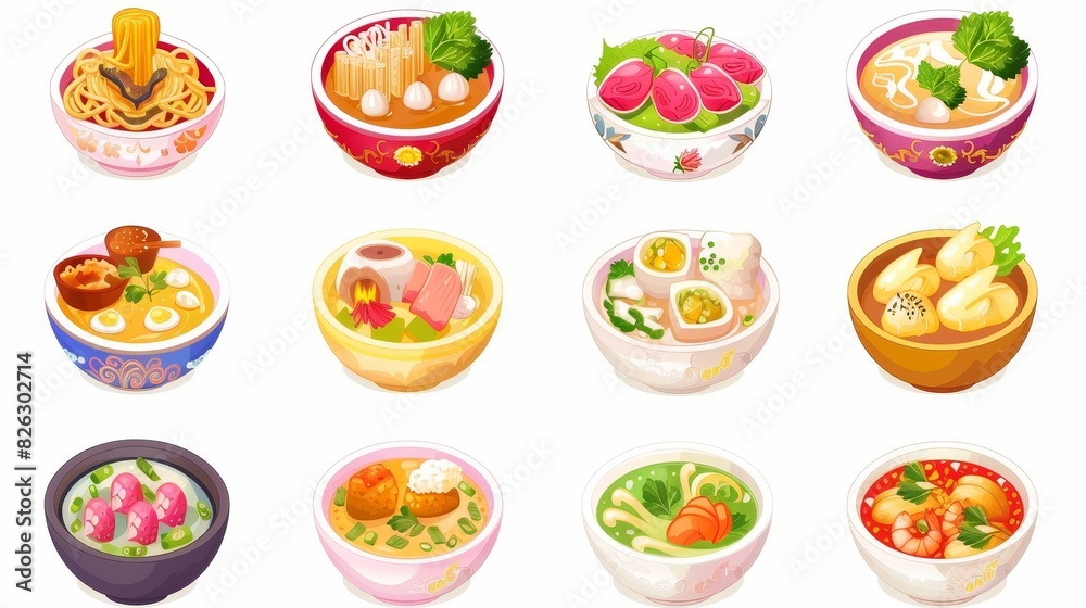 Comic soup icon set. Cafe cooking. Appetizer foods Comic soup icon set. Cafe cooking. Appetizer foods