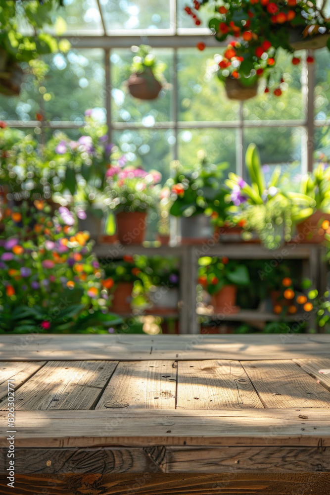 A wooden potting bench in the foreground with a blurred background of a botanical greenhouse. The background includes various potted plants, hanging flowers, gardening tools, and large glass windows A wooden potting bench in the foreground with a blurred background of a botanical greenhouse. The background includes various potted plants, hanging flowers, gardening tools, and large glass windows
