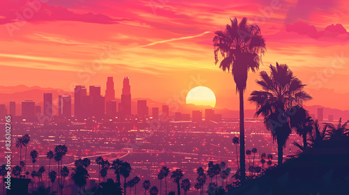 Los Angeles Skyline at Sunset with Palm Tree. California  USA