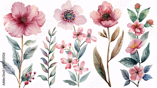 Hand drawn nature-inspired watercolor illustrations of pink flowers and greenery, perfect for wedding decor, isolated on white background