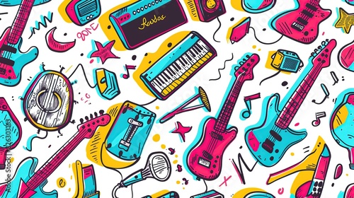 Colorful and artistic doodle elements of various musical instruments, including guitar, keyboard and drums on a white background. Concept of creativity and passion for music