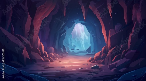 There is a path crossing the dark cave gameplay background that can be tilled horizontally, a dark miserable empty place with rock walls viewed from the side, and a scary illustration of a dungeon photo