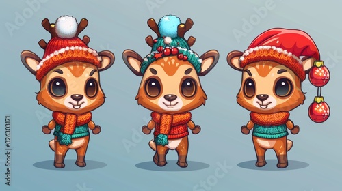 The cartoon Christmas deer is dressed in mittens and a knitted cap. It also has an ornament on its head. Modern image for your design.