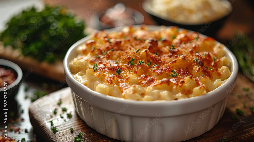 Macaroni and cheese. Pasta, macaroni au gratin, casserole topped with fresh herbs.	