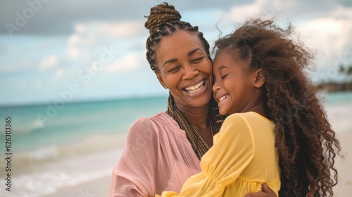 On a Cancun beach vacation, friends and delighted black women embrace. Smile, friendliness, sea vacation, female companion or partner laughing at jokes and hugging. photo