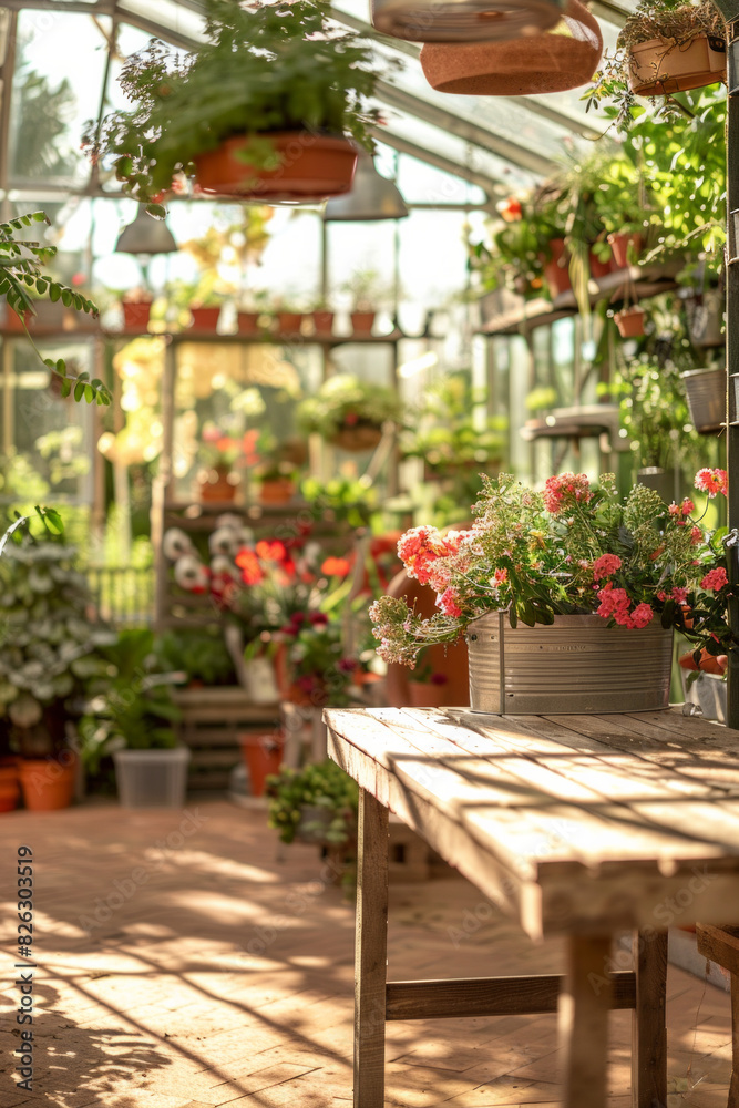 A wooden potting bench in the foreground with a blurred background of a botanical greenhouse. The background includes various potted plants, hanging flowers, gardening tools, and large glass windows