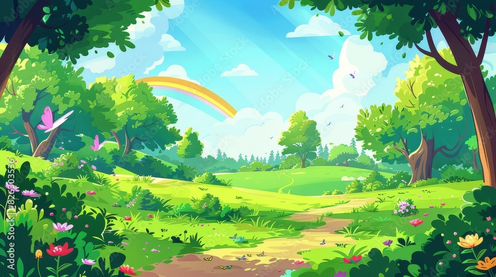 The spring landscape of a forest with trees, grass, and flowers. The summer park with green plants, butterflies, a path, fields, and a rainbow in the sky. Modern illustrations.