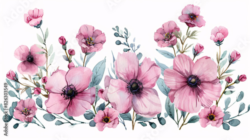 Fototapeta Naklejka Na Ścianę i Meble -  Hand drawn nature-inspired watercolor illustrations of pink flowers and greenery, perfect for wedding decor, isolated on white background