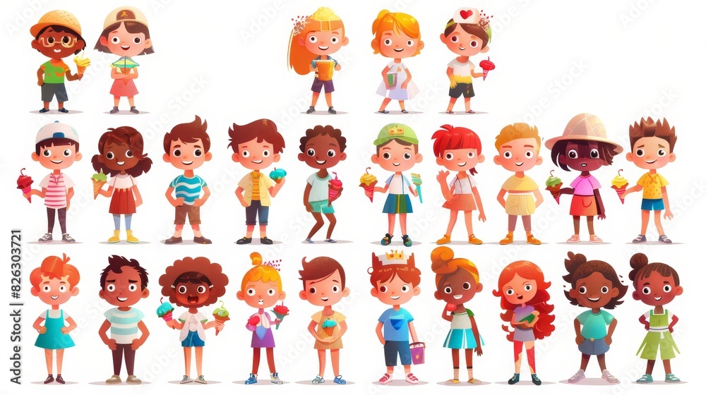 Children with ice cream. Cute cartoon illustration with different types of happy children. Isolated funny smiling characters on white background. Children with ice cream. Cute cartoon illustration with different types of happy children. Isolated funny smiling characters on white background.