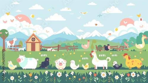 Various farm animals with landscapes - cows, pigs, sheep, horses, roosters, chickens, donkeys, hens, gooses, ducks, cats, dogs. The illustration is flat in style with a cartoon look.