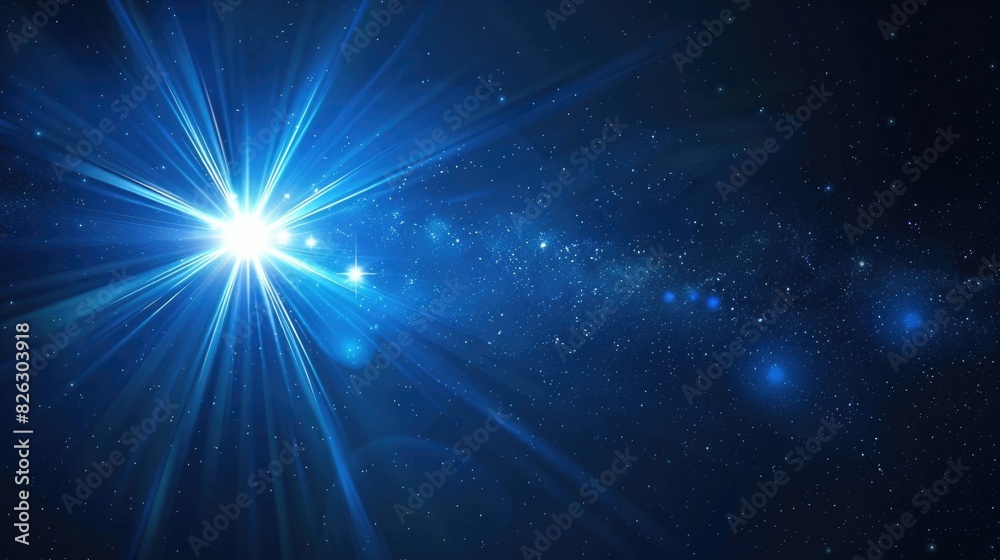 Blue Sun Flare. Searchlight Glow on Dark Background. Realistic Shine in Space Explosion Blue Sun Flare. Searchlight Glow on Dark Background. Realistic Shine in Space Explosion
