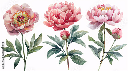 Fototapeta Naklejka Na Ścianę i Meble -  Hand drawn set of watercolor peony flowers and botanical decorations, isolated on white background