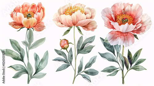 Hand drawn set of watercolor peony flowers and botanical decorations, isolated on white background