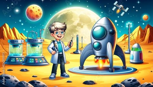 Scientist Conducting Experiments with a   Spaceship on a Lunar Base - AI generated digital art