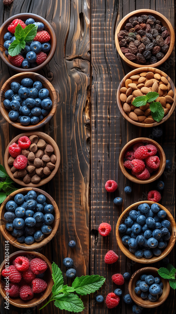 healthy superfoods, in a wood table