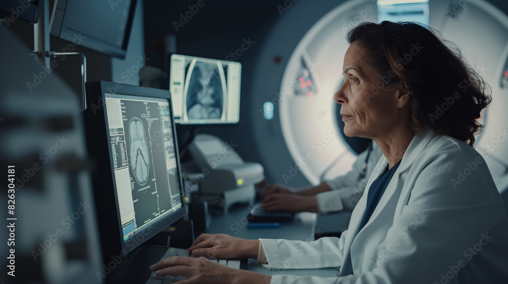 Female scientist lab coat computer work Female scientist lab coat computer work
