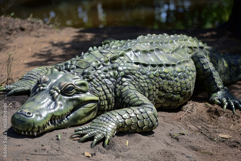 Detailed replica of an alligator basking in the sun on a sandy riverbank Detailed replica of an alligator basking in the sun on a sandy riverbank