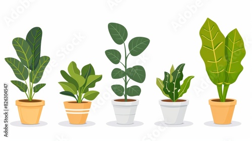 The flat modern collection of house plants includes snake plants, fiddle-leaf figs, jade plants, and rubber trees. photo