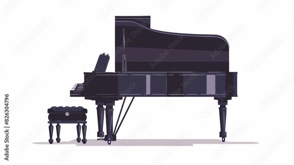 A classical piano on a white background with a black stool next to it. A cute flat cartoon illustration of a piano. A classical piano on a white background with a black stool next to it. A cute flat cartoon illustration of a piano.