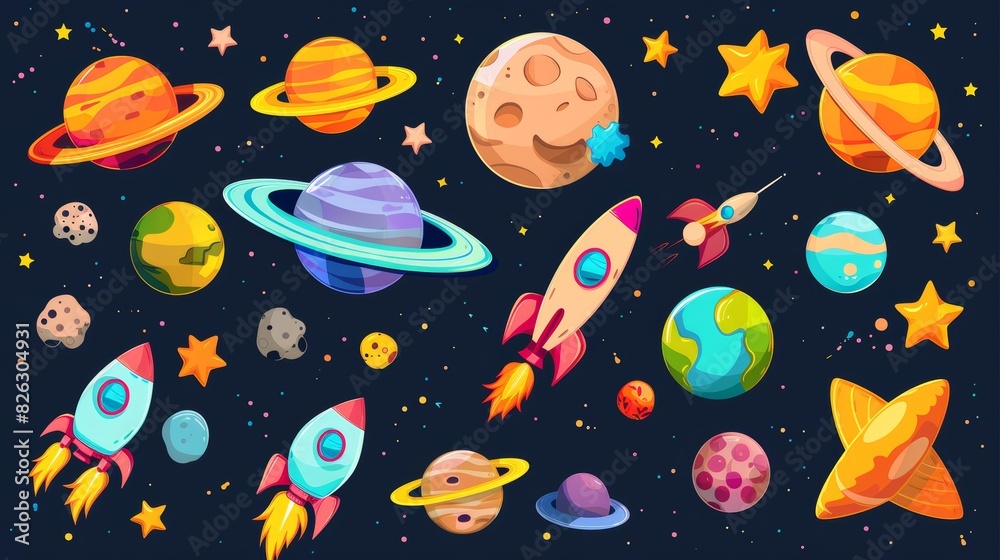 Cute cartoon planets, asteroids, comets, rockets. Space illustration for kids. Cute cartoon planets, asteroids, comets, rockets. Space illustration for kids.