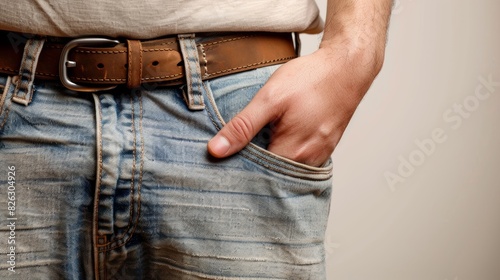 A man shows the empty state of his pockets by turning them inside out.
